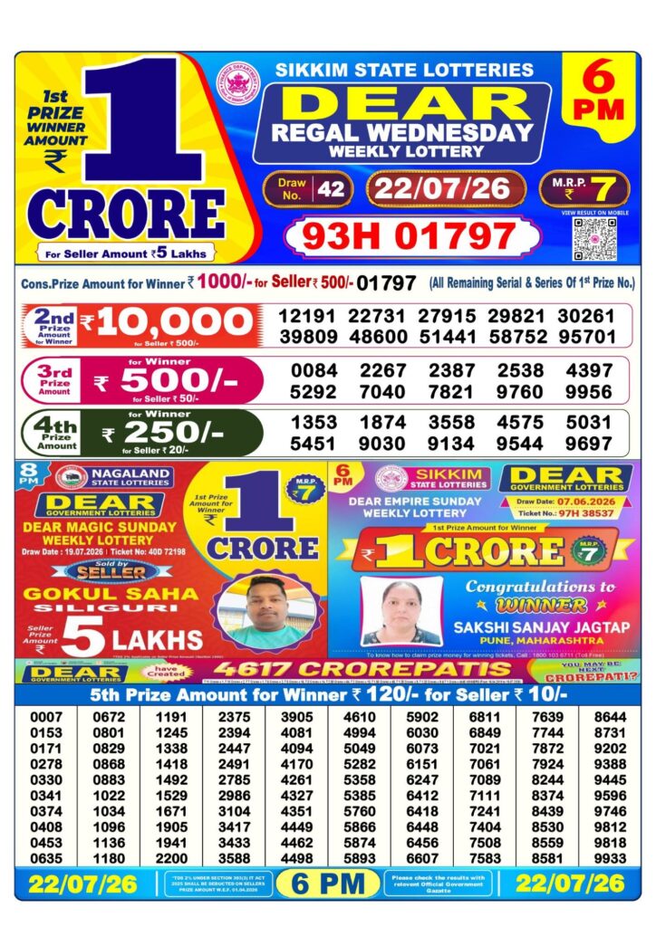 Lottery Sambad 6PM Result 22 07 26 Dear Regal Wednesday Weekly Lottery Result official chart