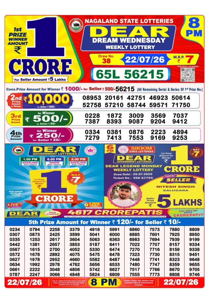 Lottery Sambad 8PM Result 22 07 26 Dear Dream Wednesday Weekly Lottery Result official chart