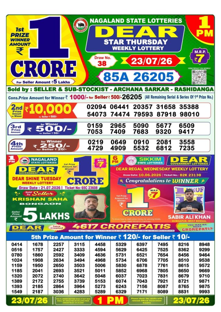 Lottery Sambad 1PM Result 23 07 26 Dear Star Thursday Weekly Lottery Result official chart Lottery Sambad 1PM Result 23 07 26 Dear Star Thursday Weekly Lottery Result official chart
