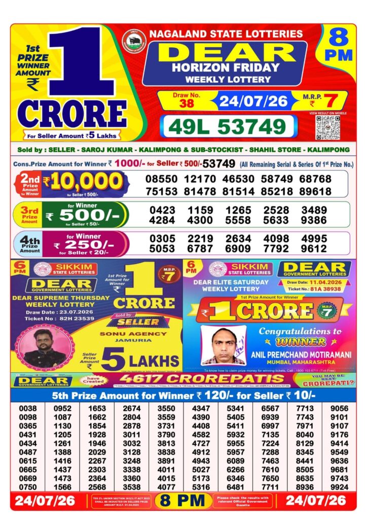 Lottery Sambad 8PM Result 24 07 26 Dear Horizon Friday Weekly Lottery Result official chart Lottery Sambad 8PM Result 24 07 26 Dear Horizon Friday Weekly Lottery Result official chart