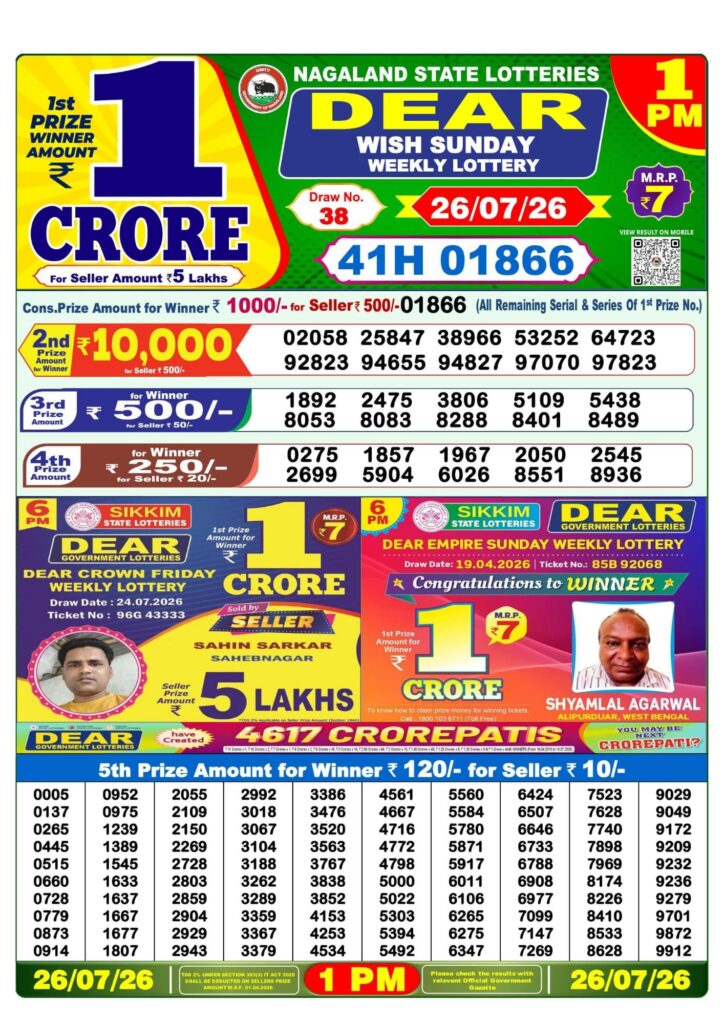 Lottery Sambad 1PM Result 26 07 26 Dear Wish Sunday Weekly Lottery Result official chart