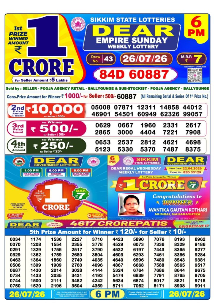 Lottery Sambad 6PM Result 26 07 26 Dear Empire Sunday Weekly Lottery Result official chart