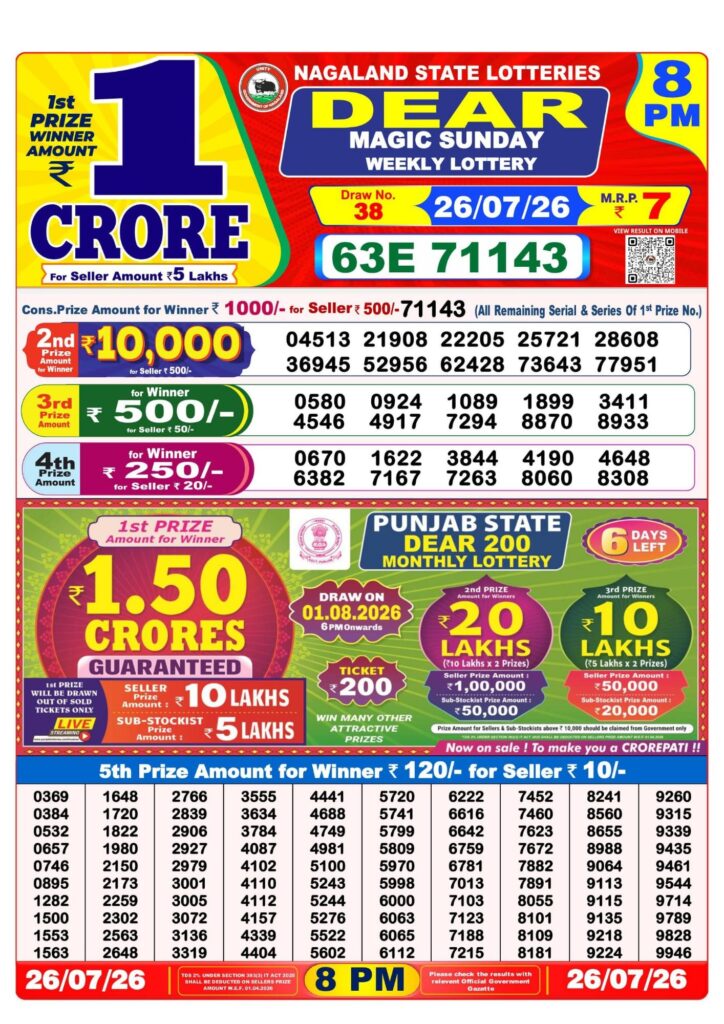 Lottery Sambad 8PM Result 26 07 26 Dear Magic Sunday Weekly Lottery Result official chart