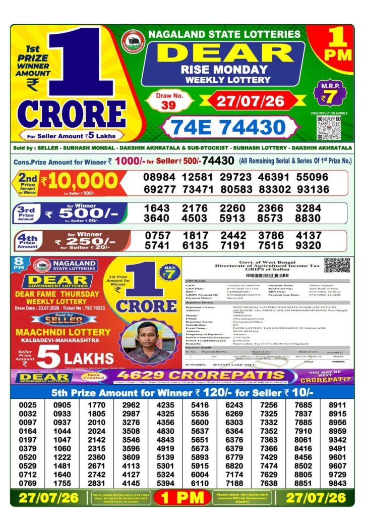 Lottery Sambad 1PM Result 27 07 26 Dear Rise Monday Weekly Lottery Result official chart Lottery Sambad 1PM Result 27 07 26 Dear Rise Monday Weekly Lottery Result official chart