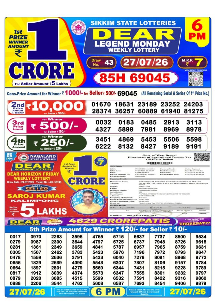 Lottery Sambad 6PM Result 27 07 26 Dear Legend Monday Weekly Lottery Result official chart