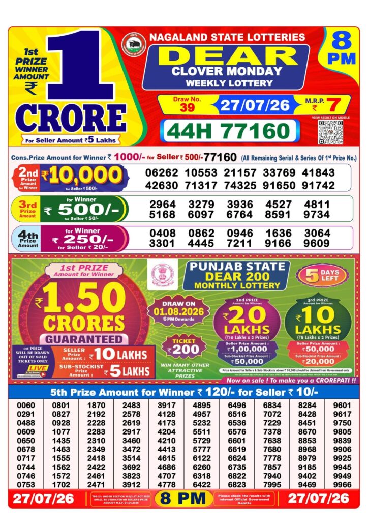 Lottery Sambad 8PM Result 27 07 26 Dear Clover Monday Weekly Lottery Result official chart