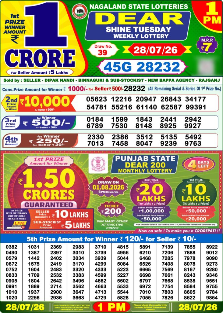 Lottery Sambad 1PM Result 28 07 26 Dear Shine Tuesday Weekly Lottery Result official chart
