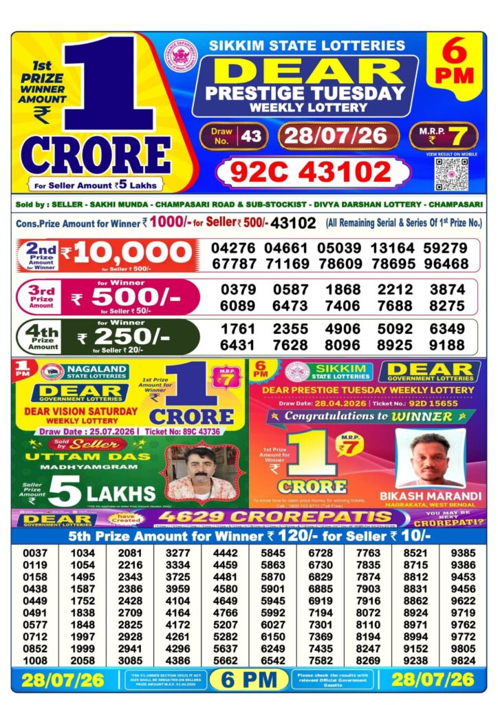 Lottery Sambad 6PM Result 28 07 26 Dear Prestige Tuesday Weekly Lottery Result official chart