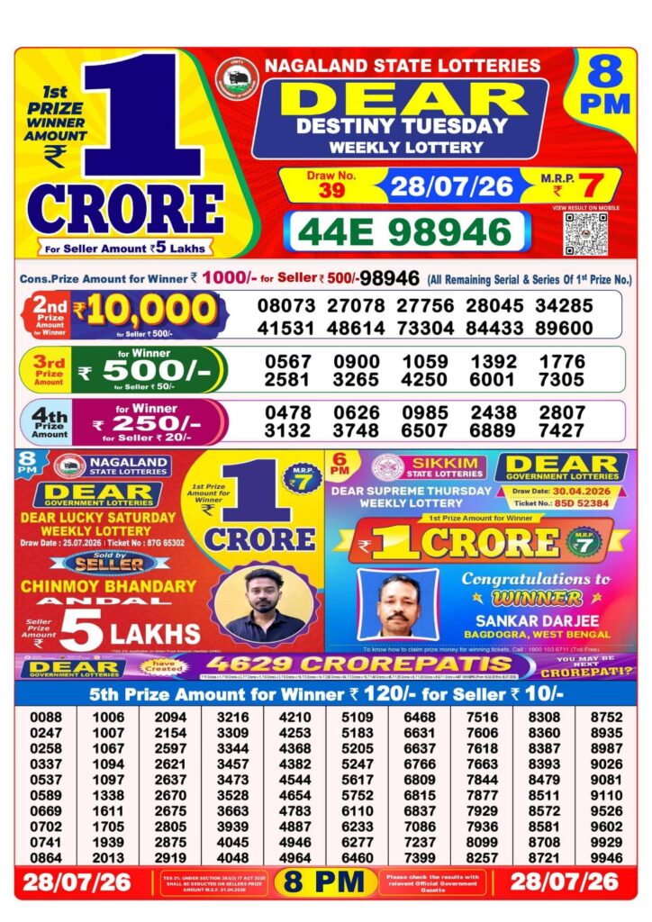 Lottery Sambad 8PM Result 28 07 26 Dear Destiny Tuesday Weekly Lottery Result official chart