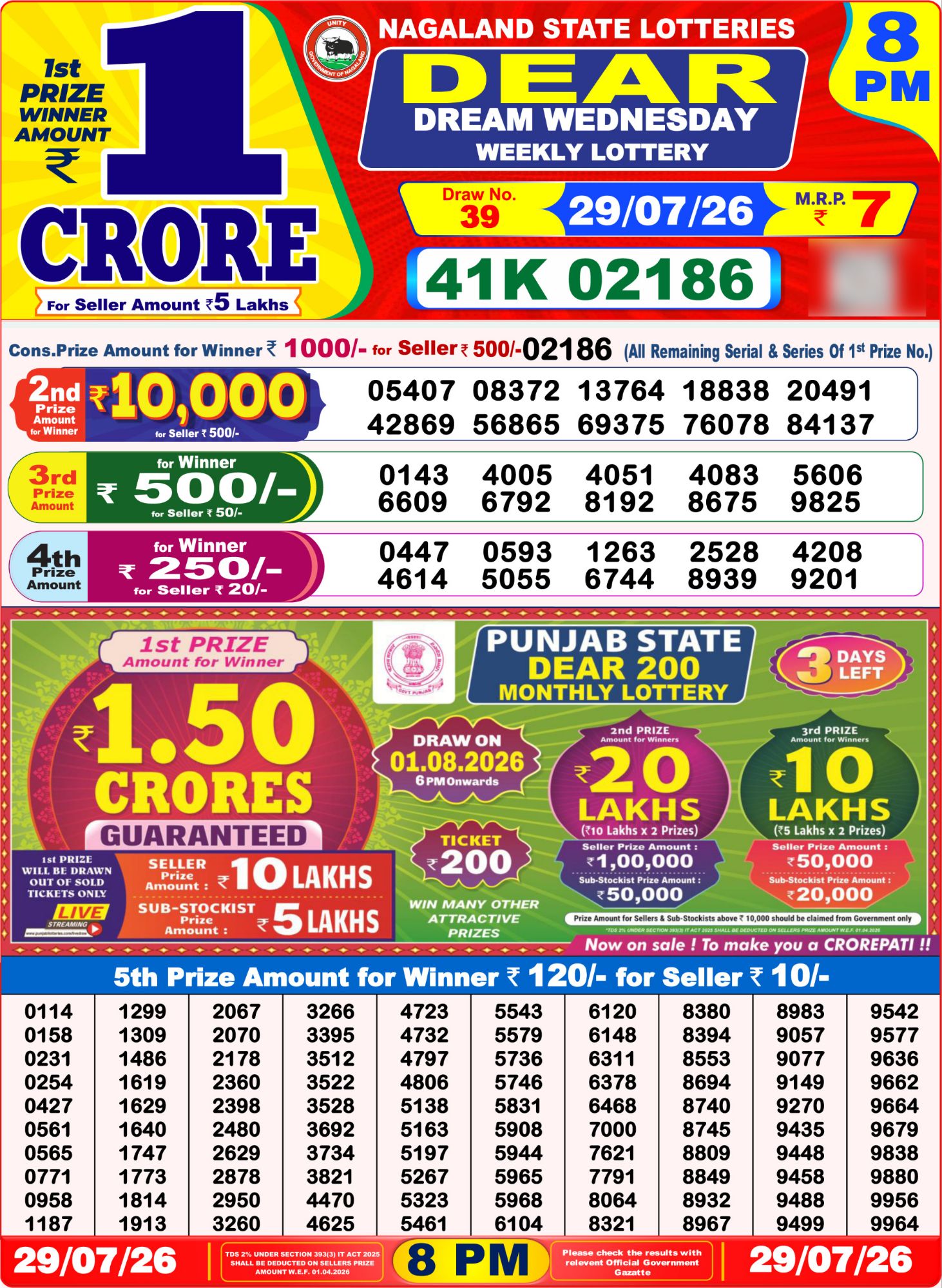 Lottery Sambad 8PM Result 29 07 26 Dear Dream Wednesday Weekly Lottery Result official chart Lottery Sambad 8PM Result 29 07 26 Dear Dream Wednesday Weekly Lottery Result official chart