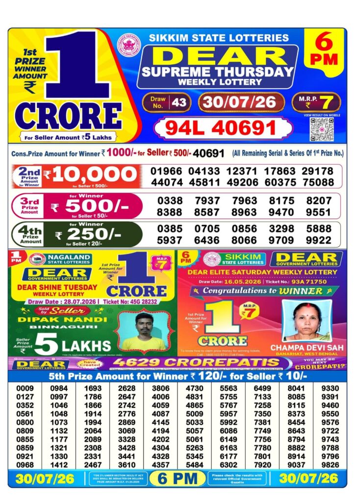 Lottery Sambad 6PM Result 30 07 26 Dear Supreme Thursday Weekly Lottery Result official chart
