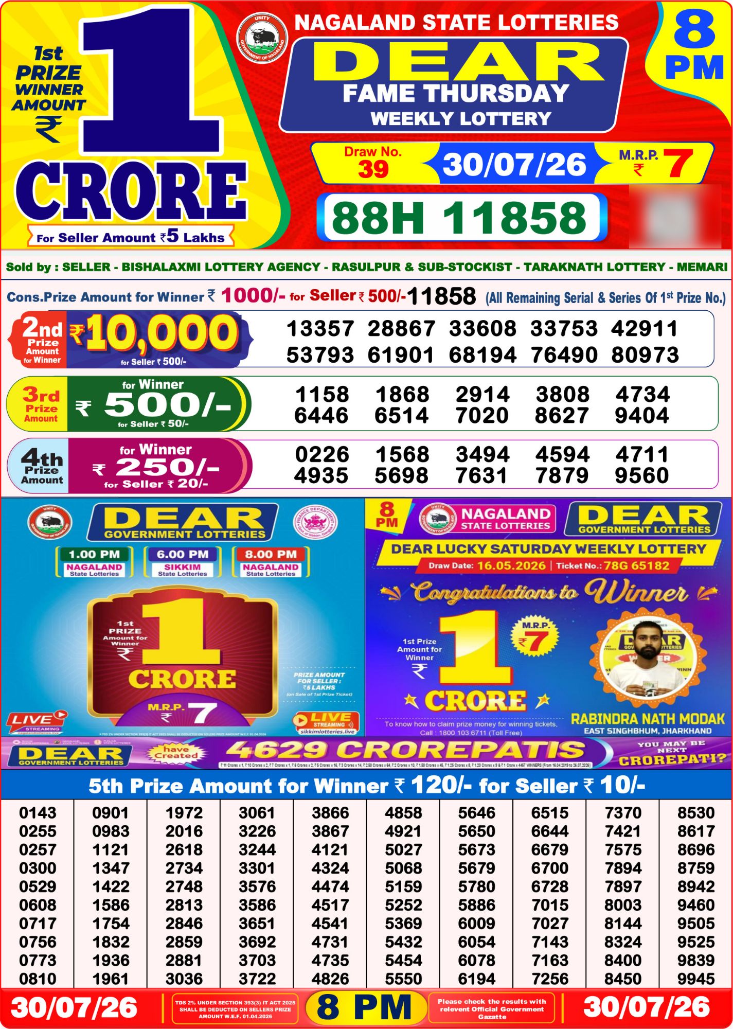 Lottery Sambad 8PM Result 30 07 26 Dear Fame Thursday Weekly Lottery Result official chart