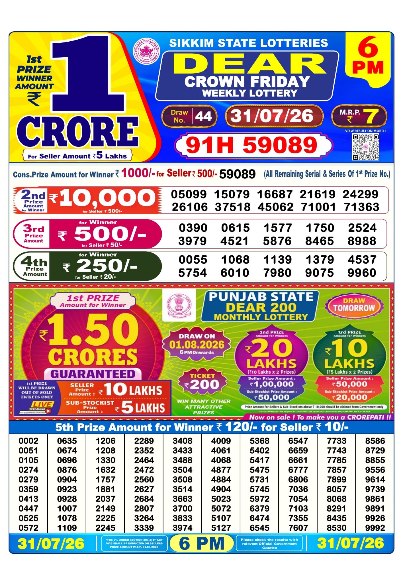 Lottery Sambad 6PM Result 31 07 26 Dear Crown Friday Weekly Lottery Result official chart Lottery Sambad 6PM Result 31 07 26 Dear Crown Friday Weekly Lottery Result official chart