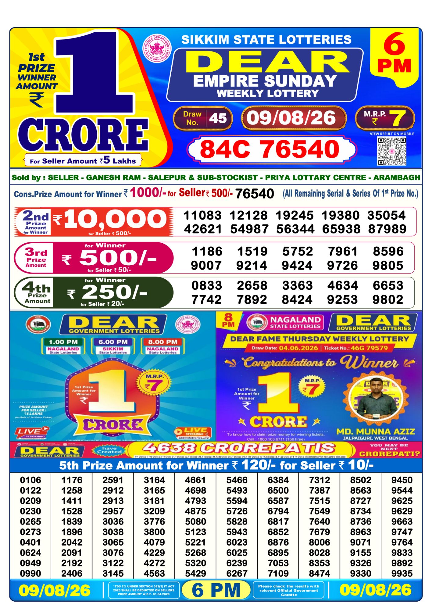 Lottery Sambad 6PM Result 09 08 26 Dear Empire Sunday Weekly Lottery Result official chart Lottery Sambad 6PM Result 09 08 26 Dear Empire Sunday Weekly Lottery Result official chart