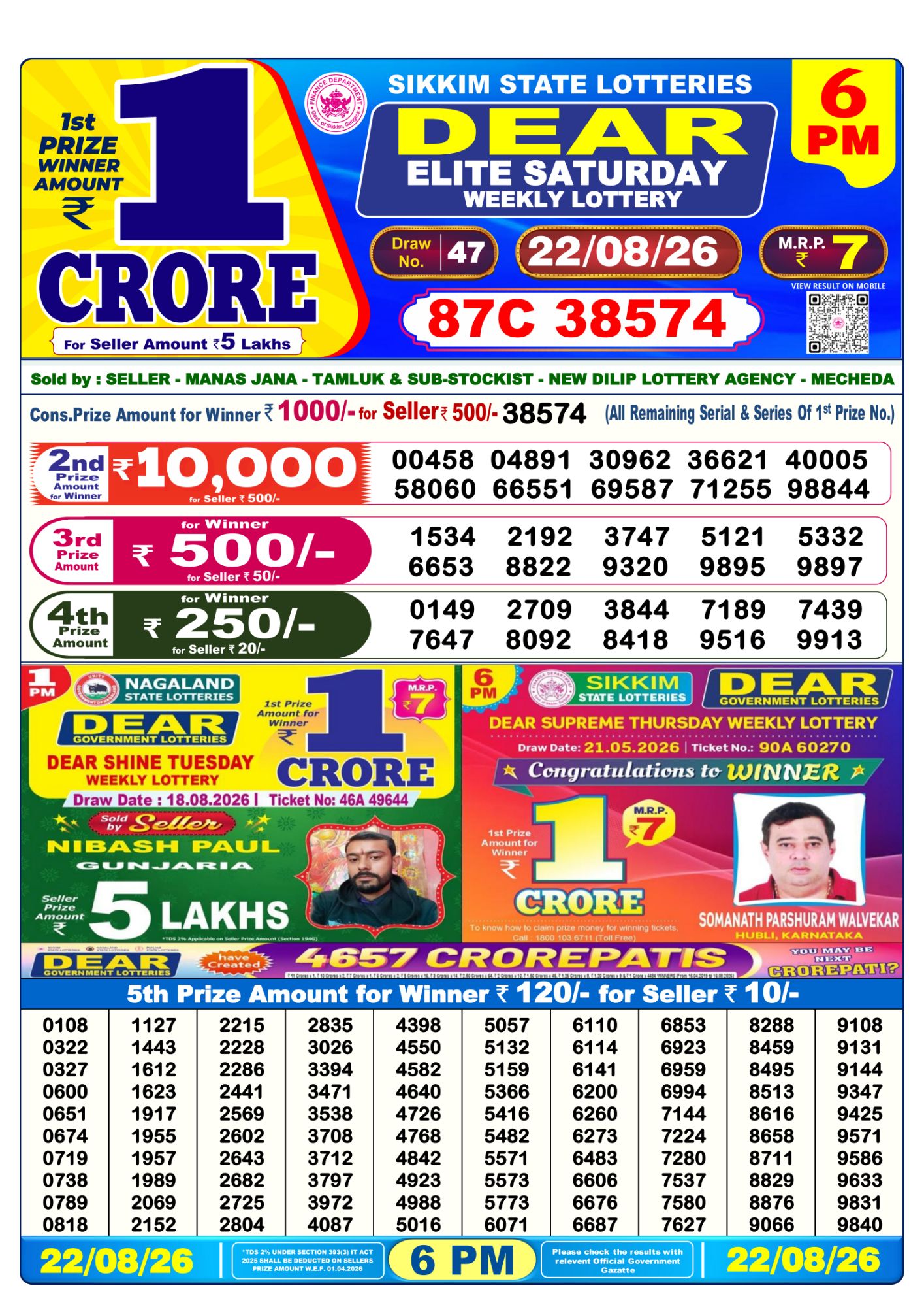 Lottery Sambad 6PM Result 22 08 26 Dear Elite Saturday Weekly Lottery Result official chart