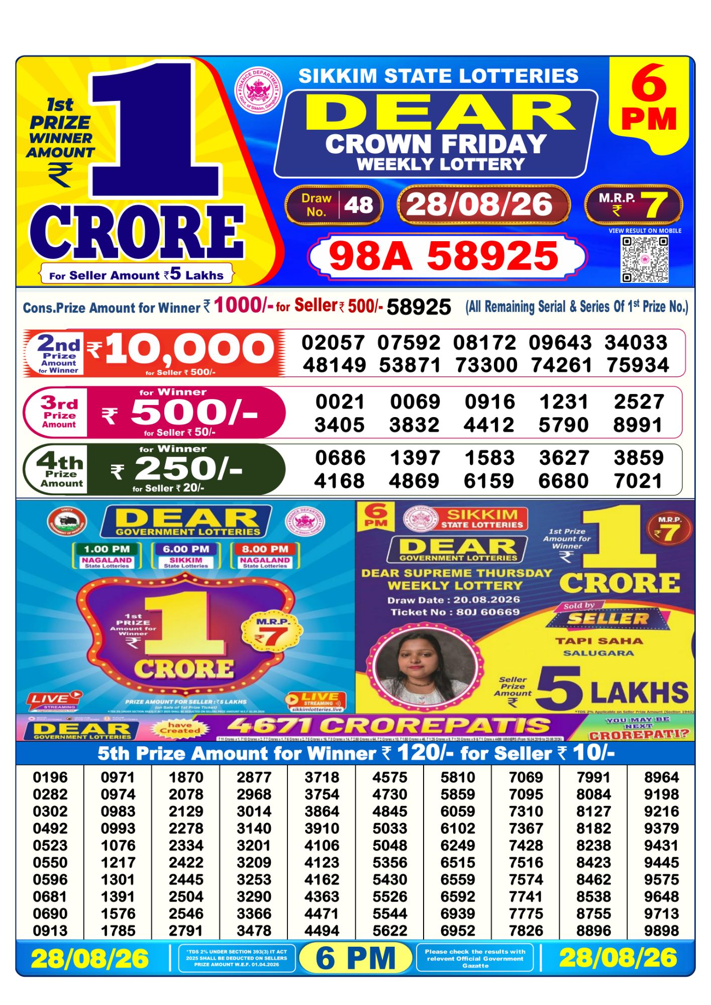 Lottery Sambad 6PM Result 28 08 26 Dear Crown Friday Weekly Lottery Result official chart