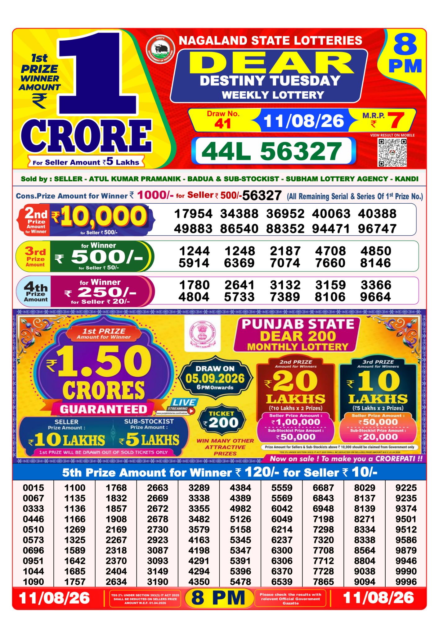 Lottery Sambad 8PM Result 11 08 26 Dear Destiny Tuesday Weekly Lottery Result official chart