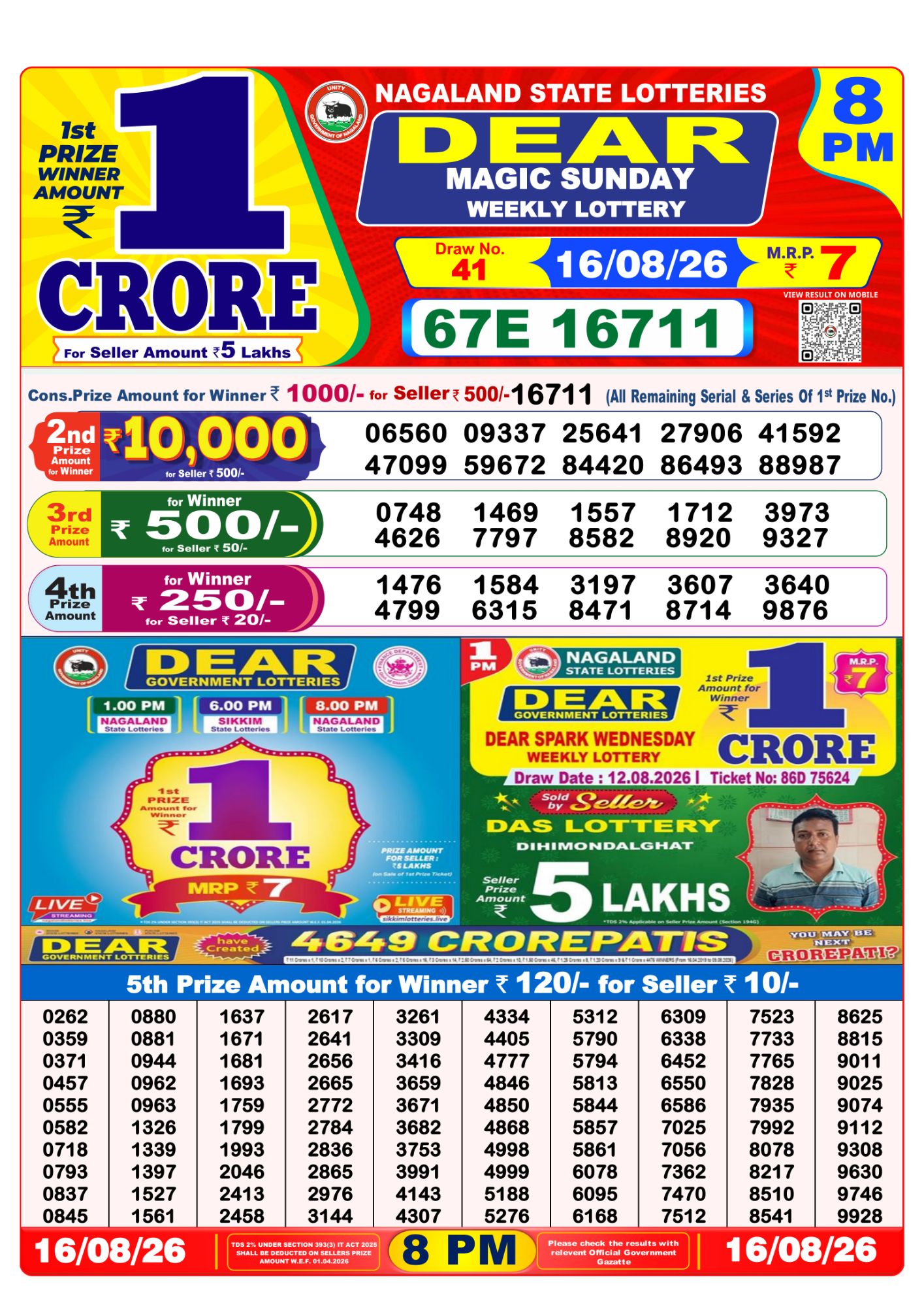 Lottery Sambad 8PM Result 16 08 26 Dear Magic Sunday Weekly Lottery Result official chart Lottery Sambad 8PM Result 16 08 26 Dear Magic Sunday Weekly Lottery Result official chart