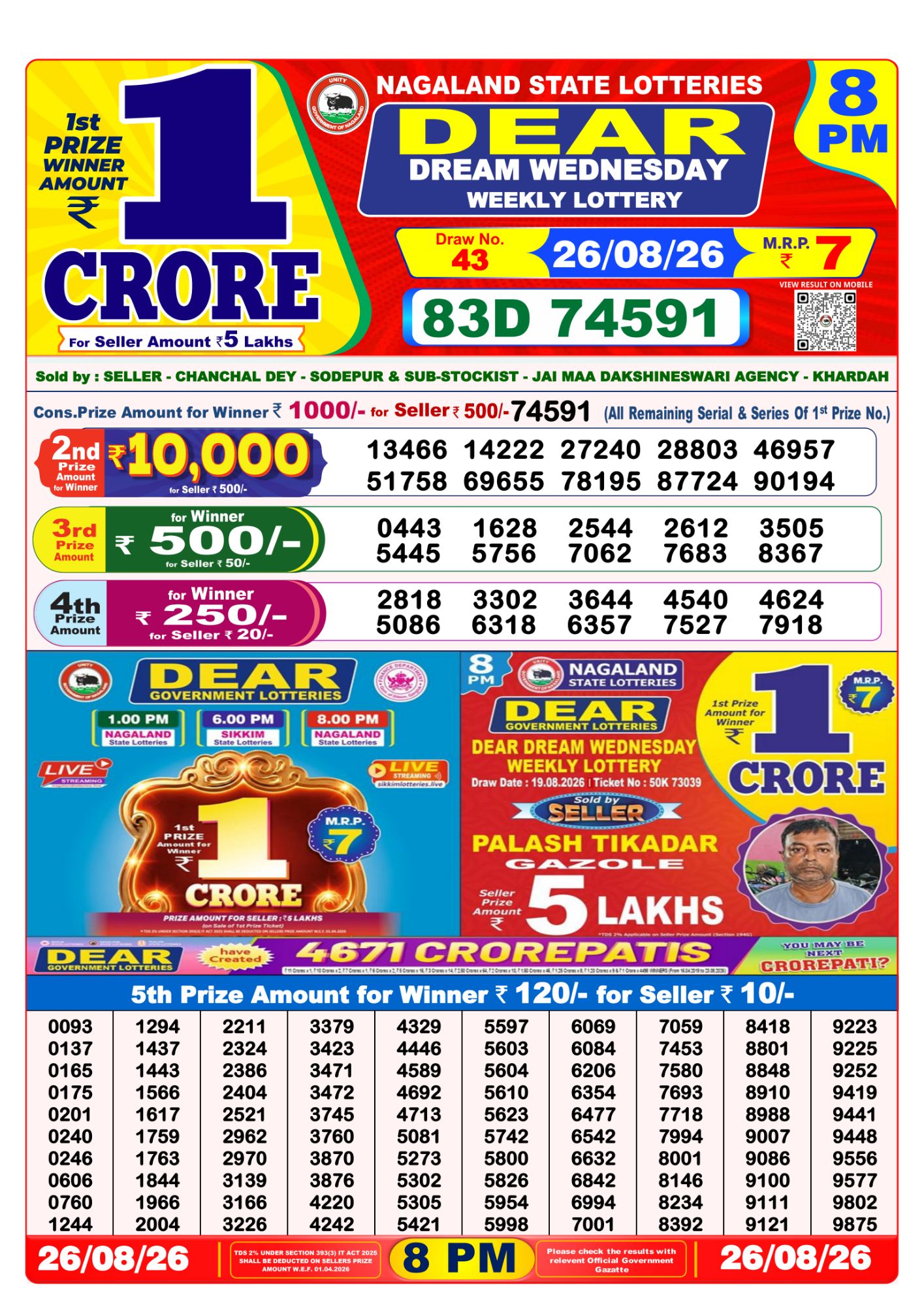 Lottery Sambad 8PM Result 26 08 26 Dear Dream Wednesday Weekly Lottery Result official chart
