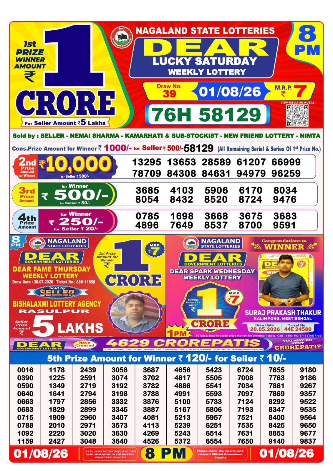 Lottery Sambad 8PM Result 01 08 26 Dear Lucky Saturday Weekly Lottery Result official chart