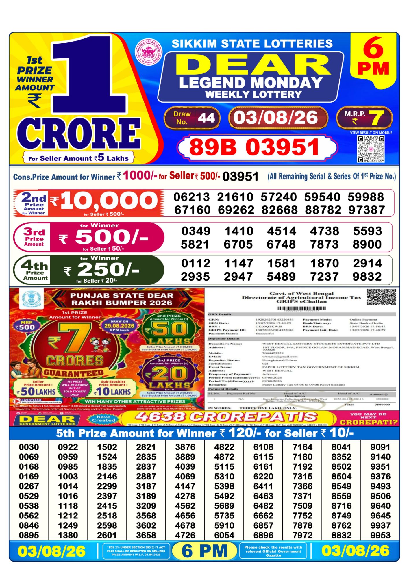 Lottery Sambad 6PM Result 03 08 26 Dear Legend Monday Weekly Lottery Result official chart Lottery Sambad 6PM Result 03 08 26 Dear Legend Monday Weekly Lottery Result official chart