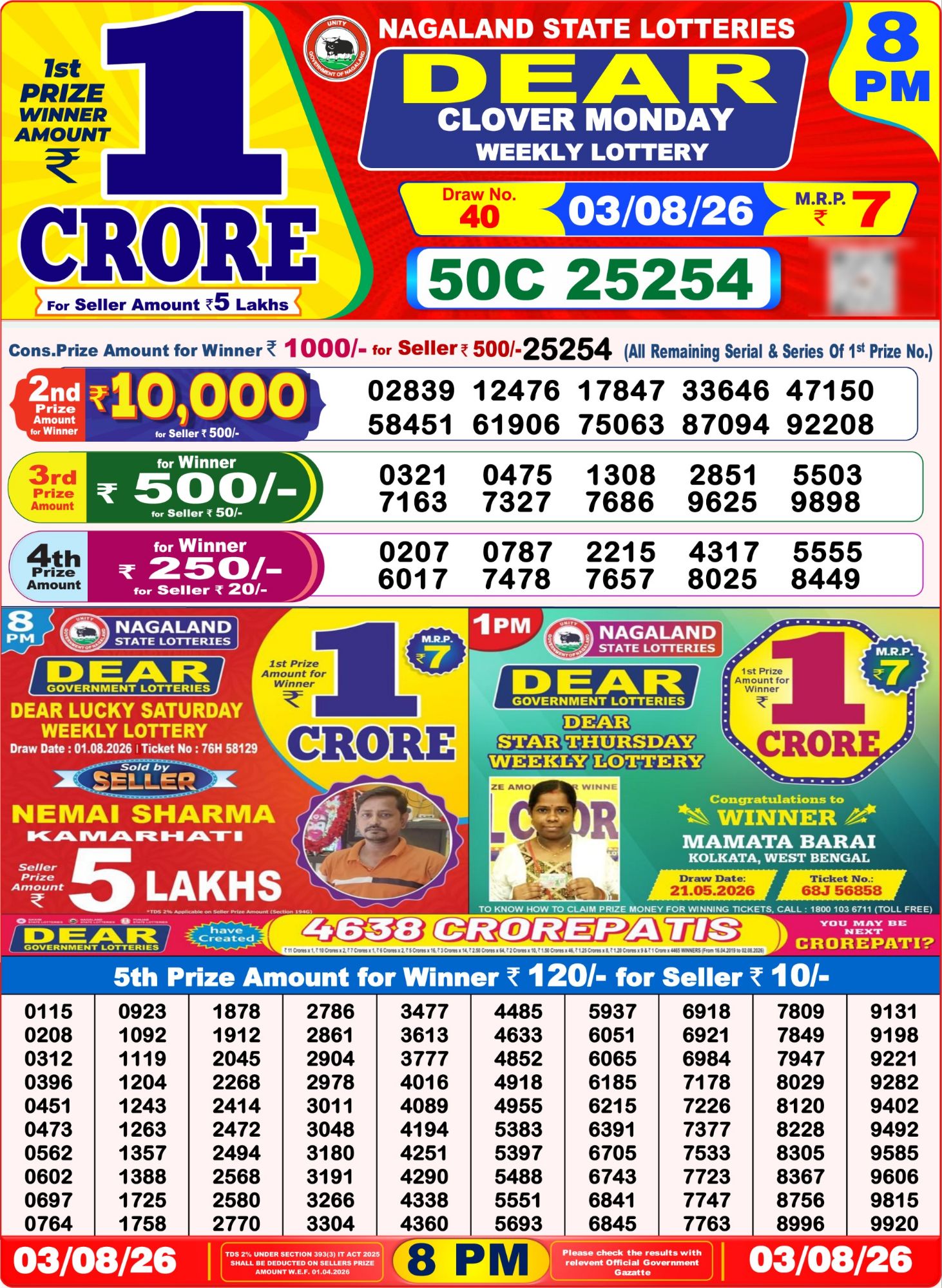 Lottery Sambad 8PM Result 03 08 26 Dear Clover Monday Weekly Lottery Result official chart Lottery Sambad 8PM Result 03 08 26 Dear Clover Monday Weekly Lottery Result official chart