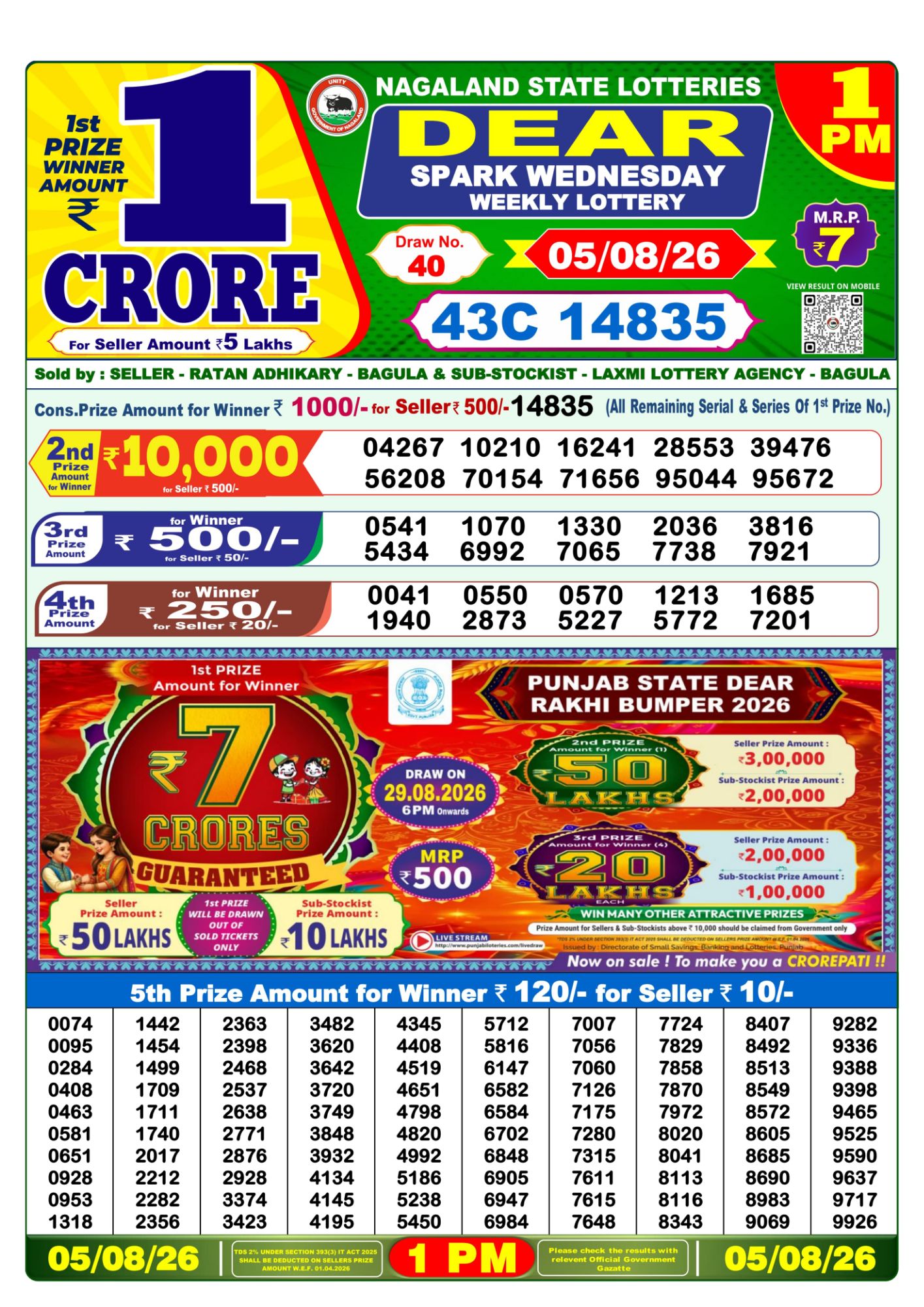 Lottery Sambad 1PM Result 05 08 26 Dear Spark Wednesday Weekly Lottery Result official chart