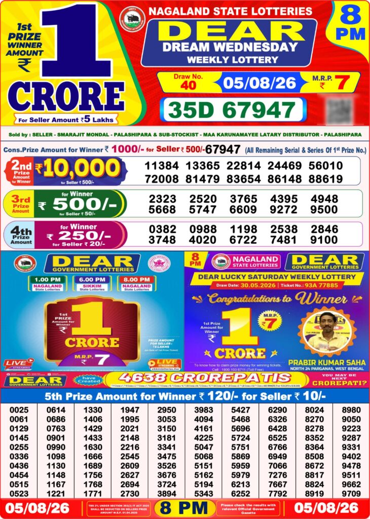 Lottery Sambad 8PM Result 05 08 26 Dear Dream Wednesday Weekly Lottery Result official chart