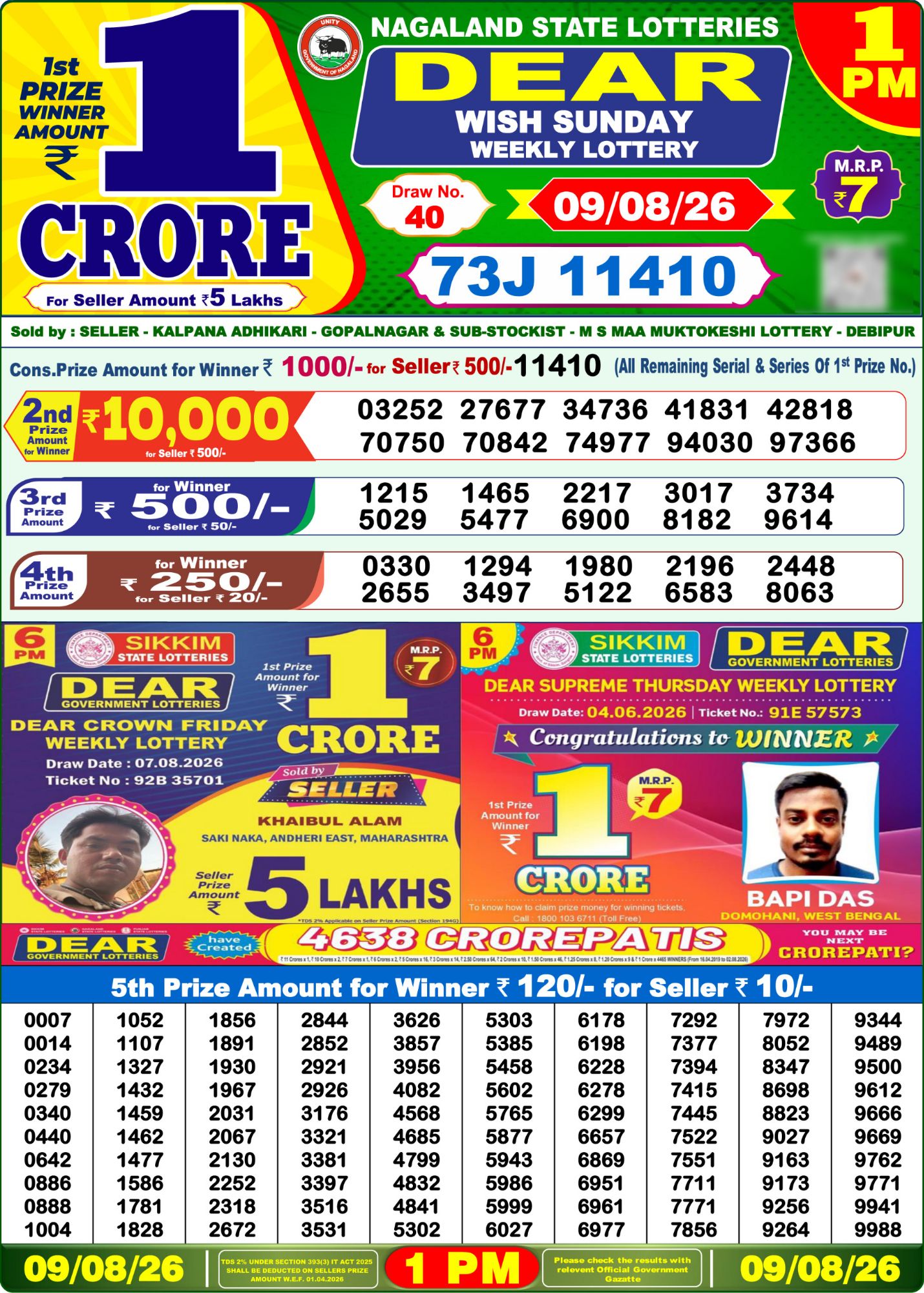 Lottery Sambad 1PM Result 09 08 26 Dear Wish Sunday Weekly Lottery Result official chart Lottery Sambad 1PM Result 09 08 26 Dear Wish Sunday Weekly Lottery Result official chart
