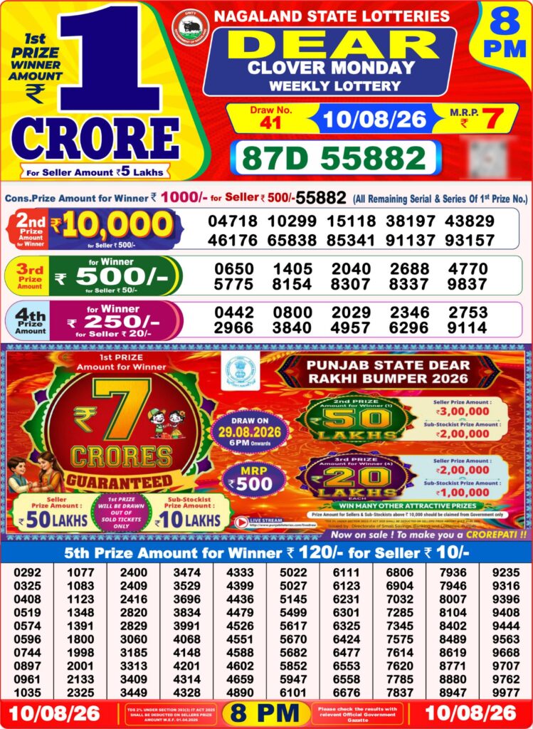 Lottery Sambad 8PM Result 10 08 26 Dear Clover Monday Weekly Lottery Result official chart