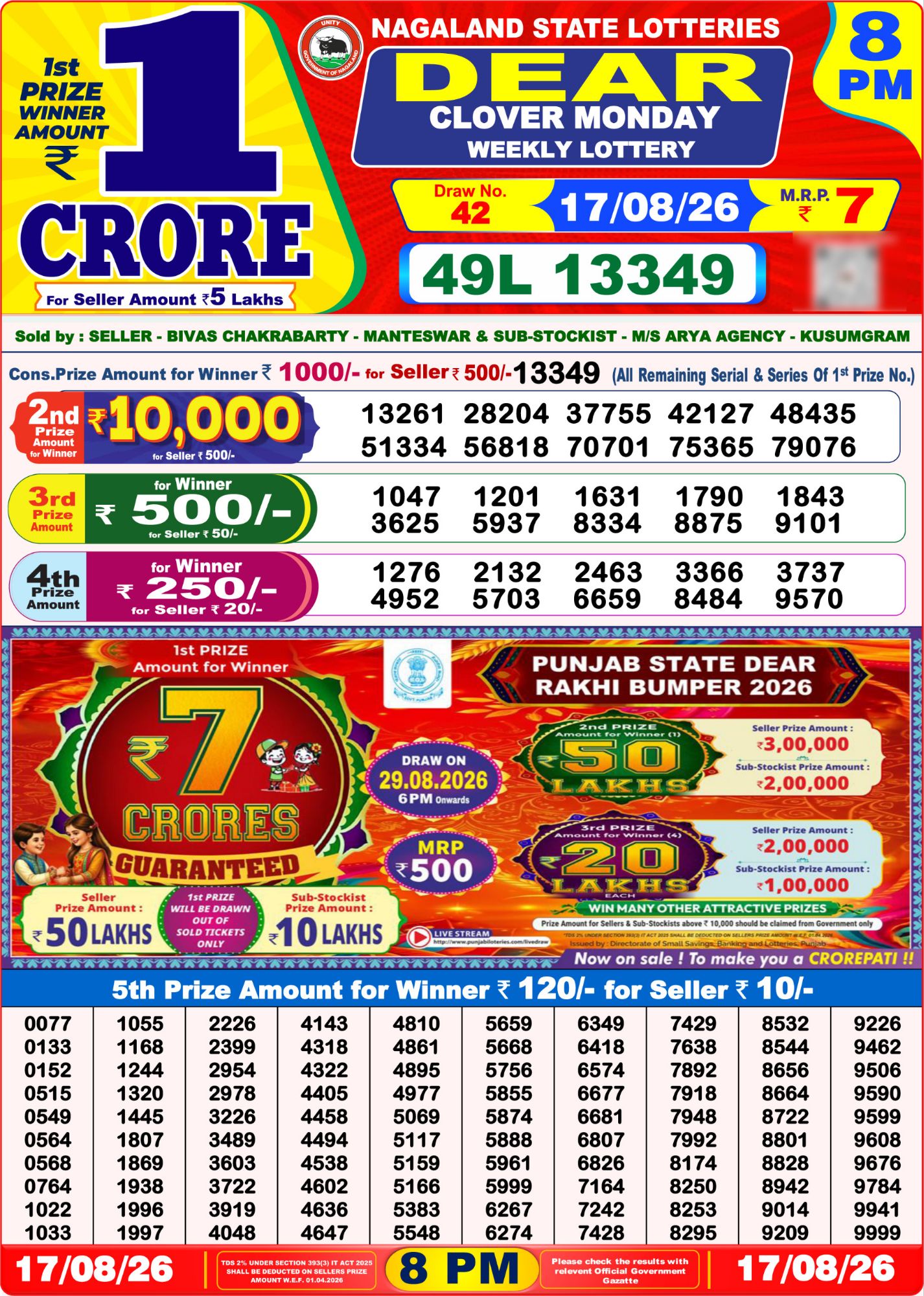 Lottery Sambad 8PM Result 17 08 26 Dear Clover Monday Weekly Lottery Result official chart