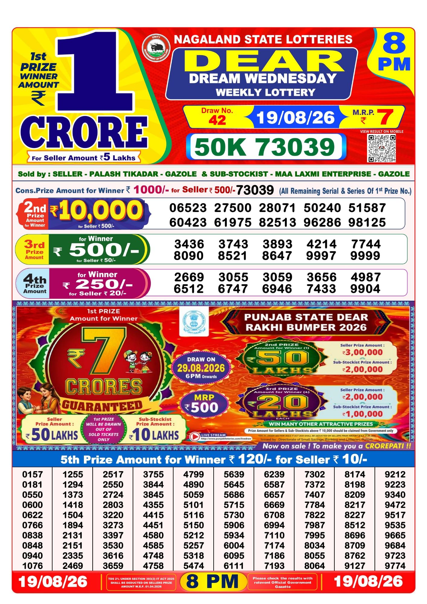 Lottery Sambad 8PM Result 19 08 26 Dear Dream Wednesday Weekly Lottery Result official chart