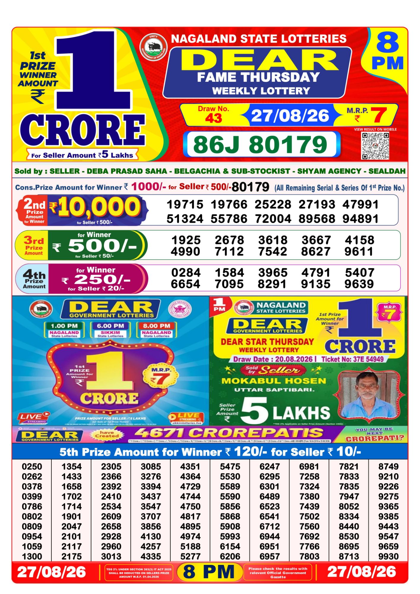 Lottery Sambad 8PM Result 27 08 26 Dear Fame Thursday Weekly Lottery Result official chart