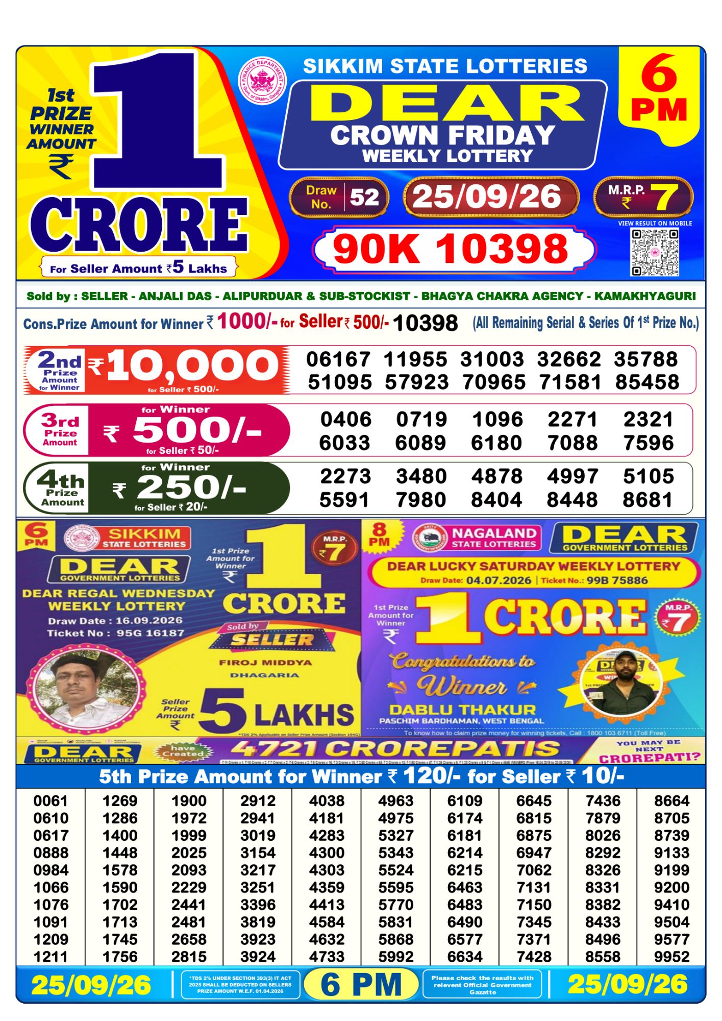 Lottery Sambad 6PM Result 25 09 26 Dear Crown Friday Weekly Lottery Result official chart