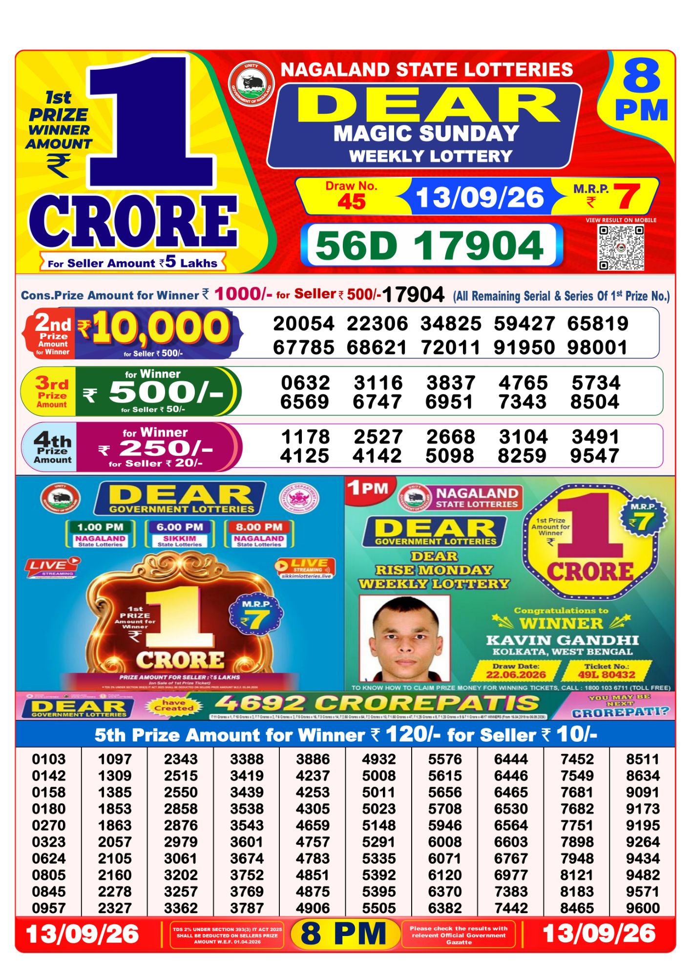Lottery Sambad 8PM Result 13 09 26 Dear Magic Sunday Weekly Lottery Result official chart Lottery Sambad 8PM Result 13 09 26 Dear Magic Sunday Weekly Lottery Result official chart