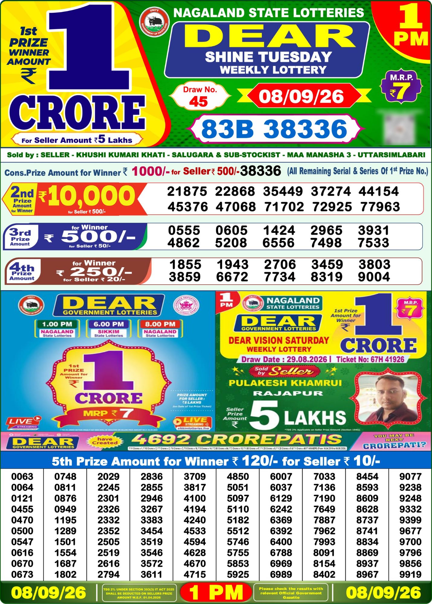 Lottery Sambad 1PM Result 08 09 26 Dear Shine Tuesday Weekly Lottery Result official chart