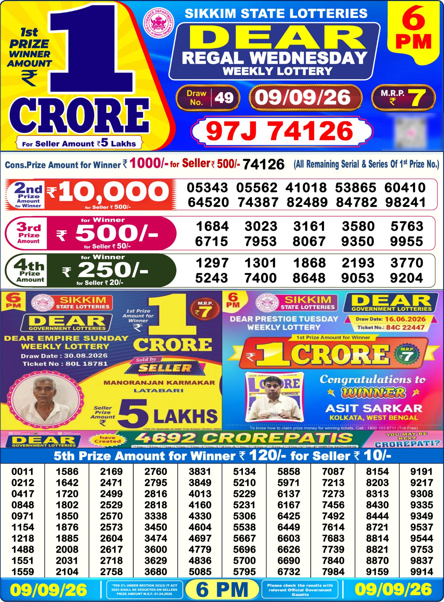 Lottery Sambad 6PM Result 09 09 26 Dear Regal Wednesday Weekly Lottery Result official chart Lottery Sambad 6PM Result 09 09 26 Dear Regal Wednesday Weekly Lottery Result official chart