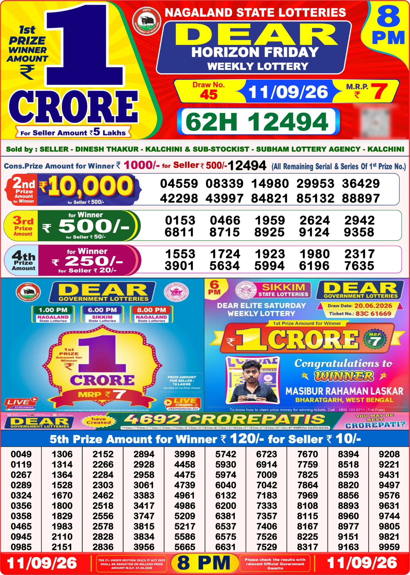 Lottery Sambad 8PM Result 11 09 26 Dear Horizon Friday Weekly Lottery Result official chart Lottery Sambad 8PM Result 11 09 26 Dear Horizon Friday Weekly Lottery Result official chart