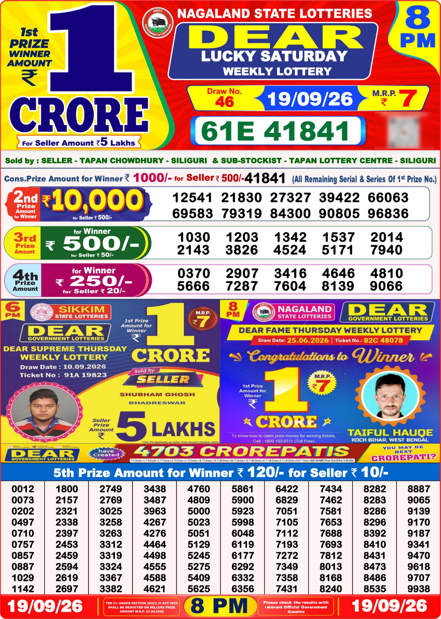 Lottery Sambad 8PM Result 19 09 26 Dear Lucky Saturday Weekly Lottery Result official chart Lottery Sambad 8PM Result 19 09 26 Dear Lucky Saturday Weekly Lottery Result official chart