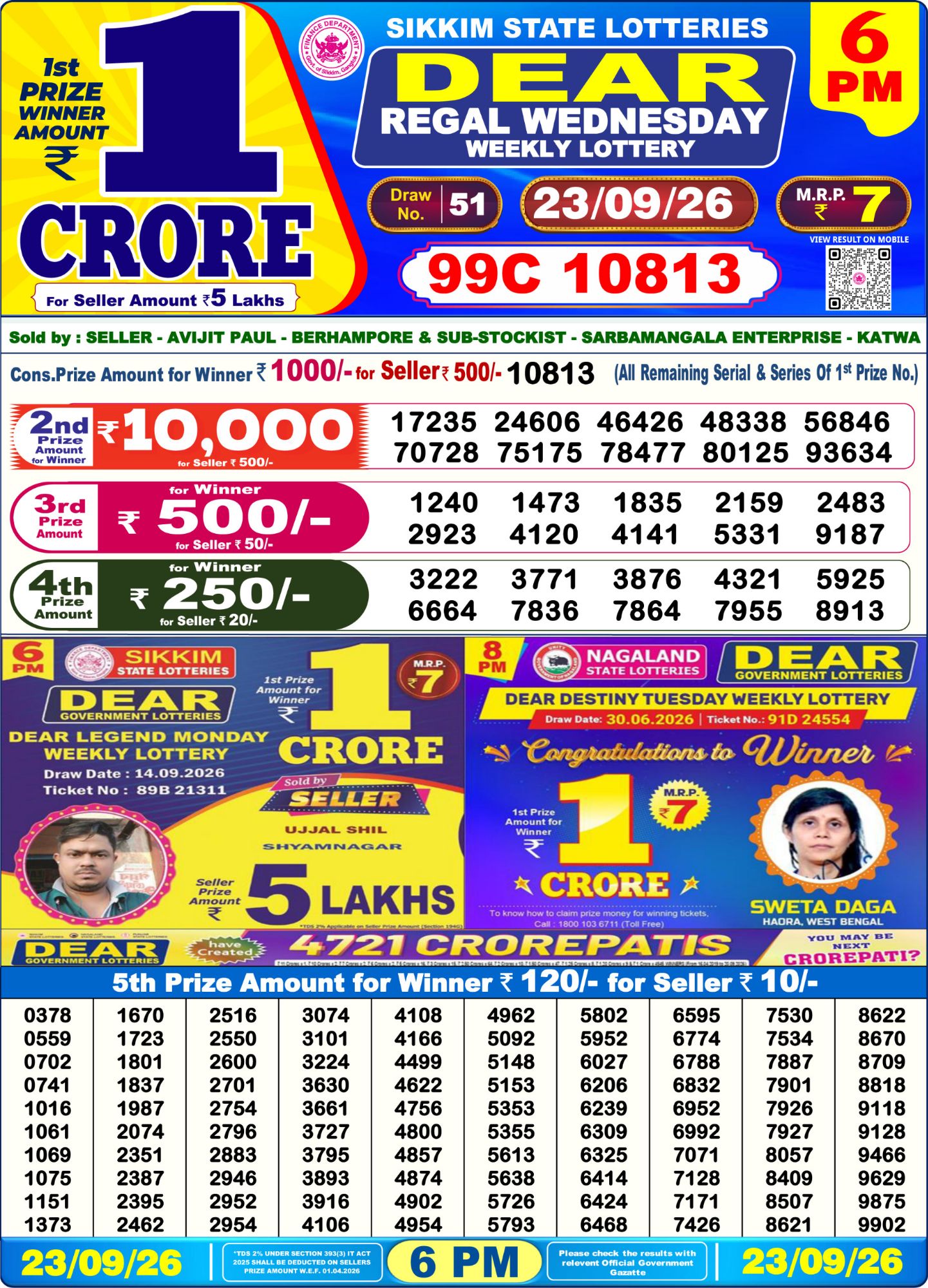 Lottery Sambad 6PM Result 23 09 26 Dear Regal Wednesday Weekly Lottery Result official chart