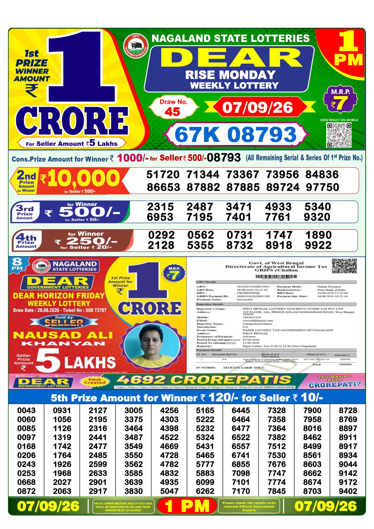 Lottery Sambad 1PM Result 07 09 26 Dear Rise Monday Weekly Lottery Result official chart Lottery Sambad 1PM Result 07 09 26 Dear Rise Monday Weekly Lottery Result official chart