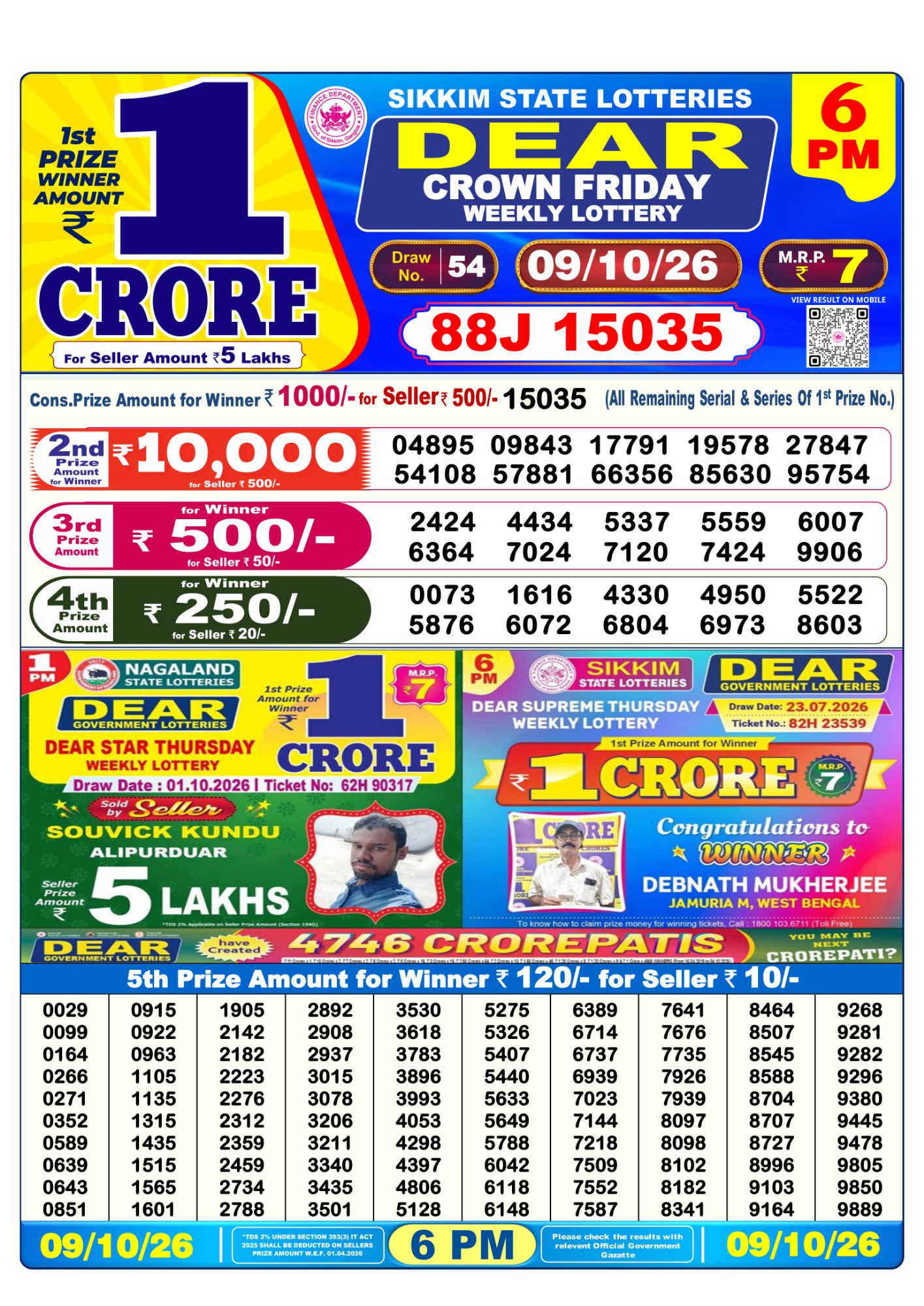 Lottery Sambad 6PM Result 09 10 26 Dear Crown Friday Weekly Lottery Result official chart