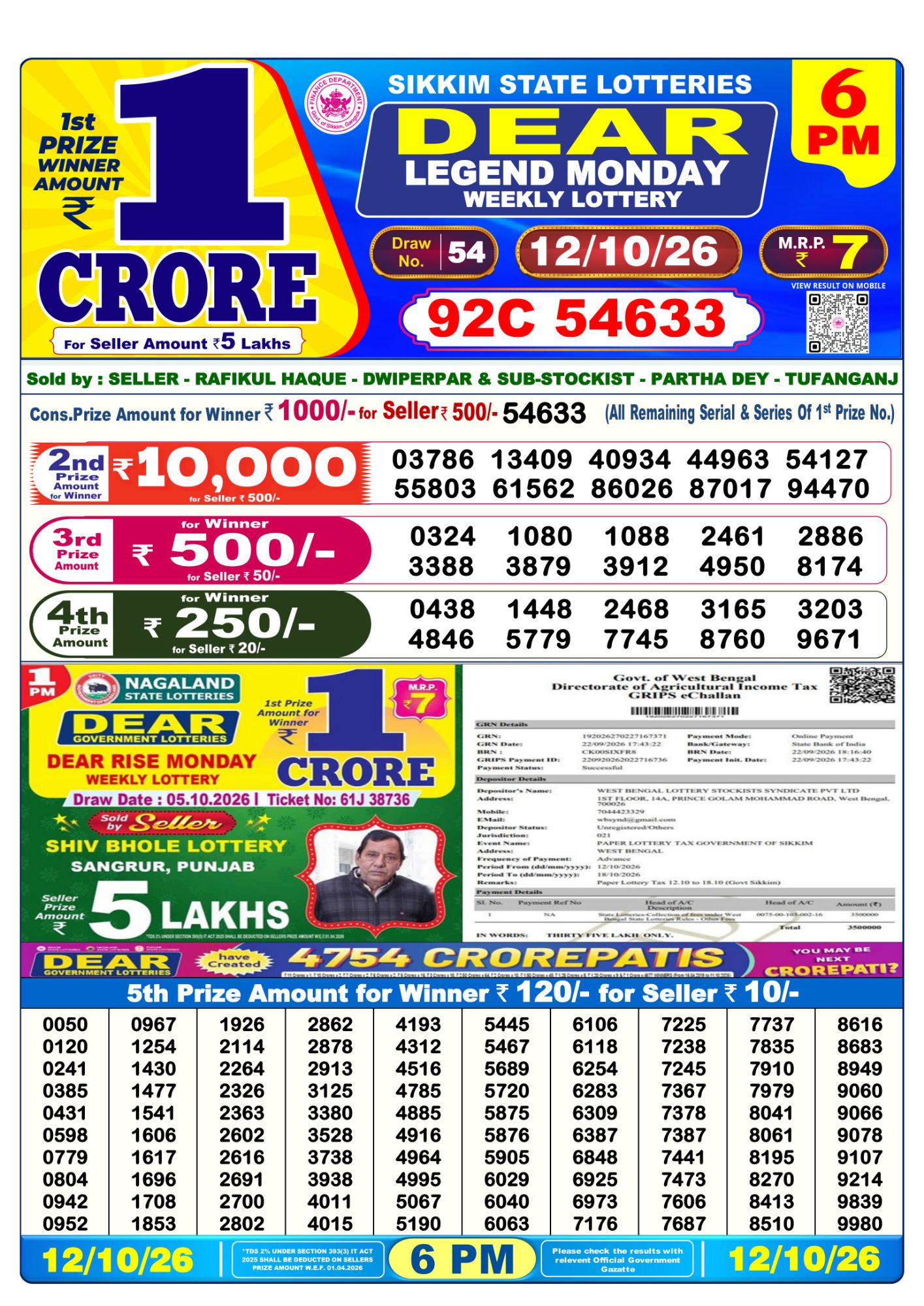 Lottery Sambad 6PM Result 12 10 26 Dear Legend Monday Weekly Lottery Result official chart Lottery Sambad 6PM Result 12 10 26 Dear Legend Monday Weekly Lottery Result official chart