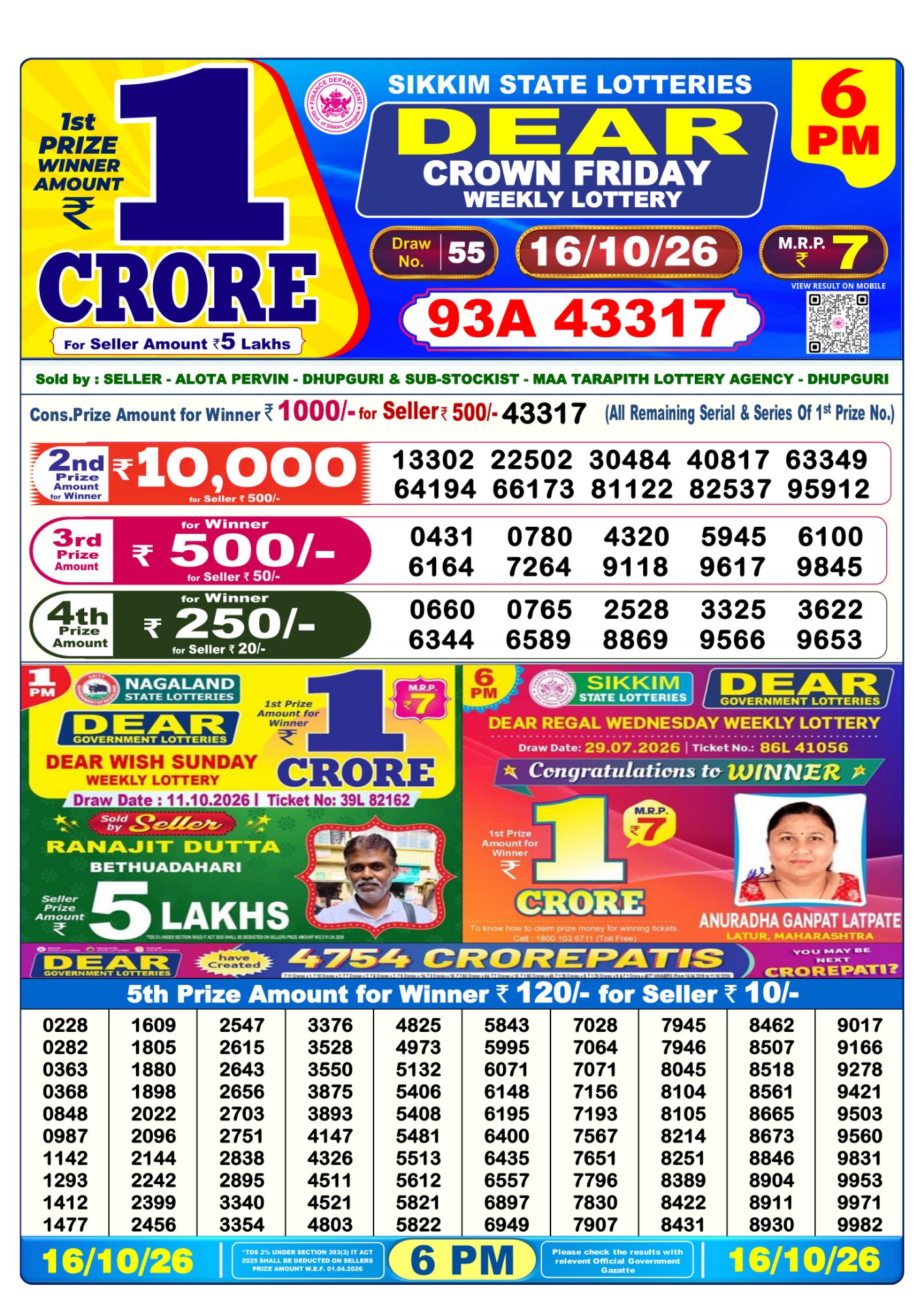 Lottery Sambad 6PM Result 16 10 26 Dear Crown Friday Weekly Lottery Result official chart Lottery Sambad 6PM Result 16 10 26 Dear Crown Friday Weekly Lottery Result official chart