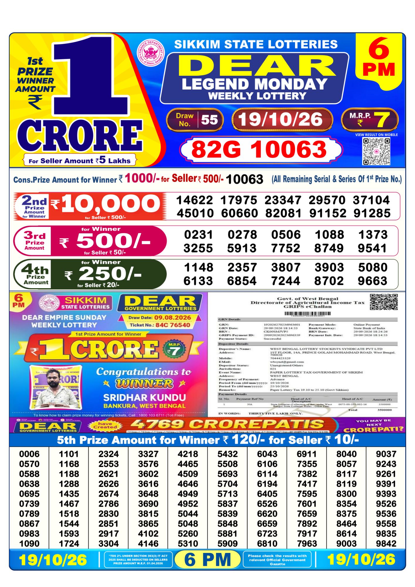 Lottery Sambad 6PM Result 19 10 26 Dear Legend Monday Weekly Lottery Result official chart Lottery Sambad 6PM Result 19 10 26 Dear Legend Monday Weekly Lottery Result official chart