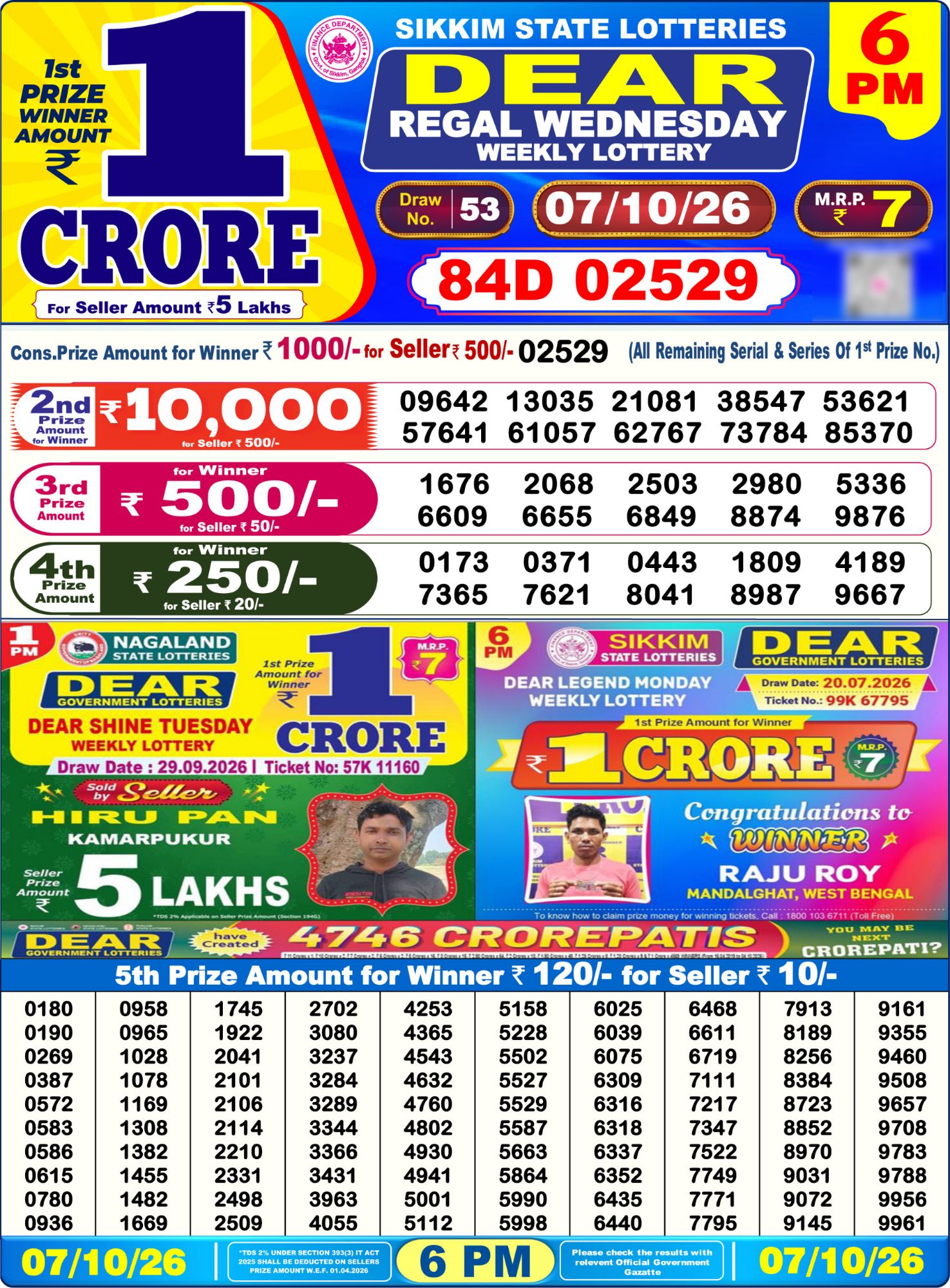 Lottery Sambad 6PM Result 07 10 26 Dear Regal Wednesday Weekly Lottery Result official chart Lottery Sambad 6PM Result 07 10 26 Dear Regal Wednesday Weekly Lottery Result official chart