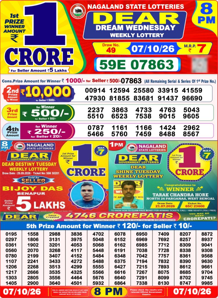 Lottery Sambad 8PM Result 07 10 26 Dear Dream Wednesday Weekly Lottery Result official chart Lottery Sambad 8PM Result 07 10 26 Dear Dream Wednesday Weekly Lottery Result official chart