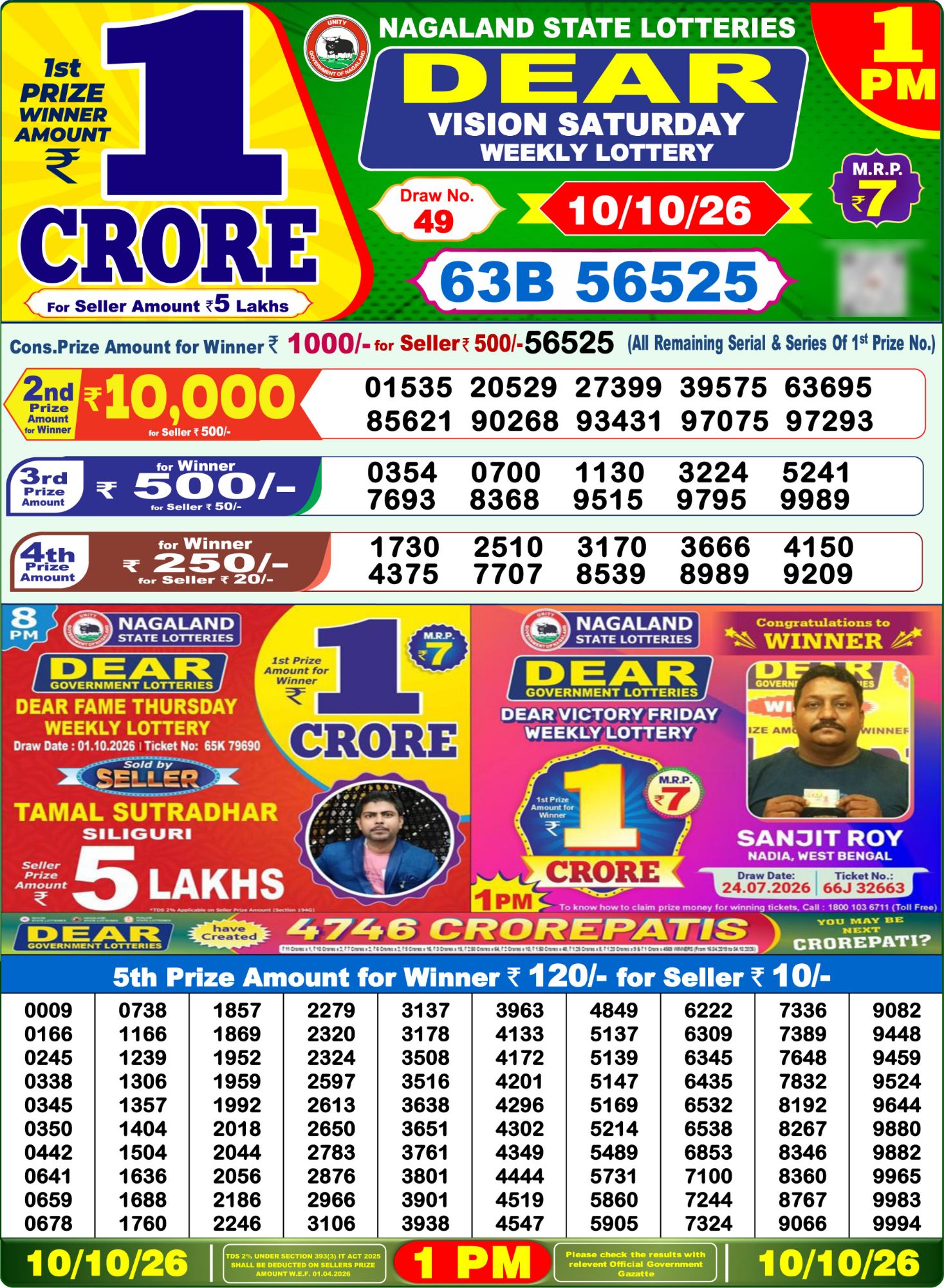 Lottery Sambad 1PM Result 10 10 26 Dear Vision Saturday Weekly Lottery Result official chart Lottery Sambad 1PM Result 10 10 26 Dear Vision Saturday Weekly Lottery Result official chart