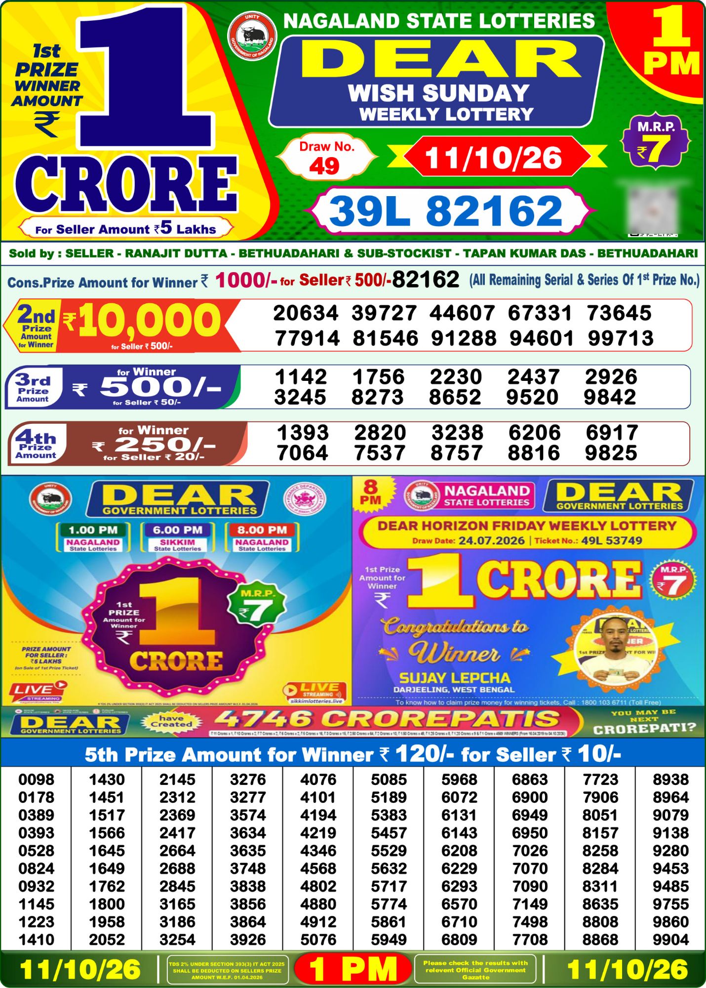 Lottery Sambad 1PM Result 11 10 26 Dear Wish Sunday Weekly Lottery Result official chart Lottery Sambad 1PM Result 11 10 26 Dear Wish Sunday Weekly Lottery Result official chart