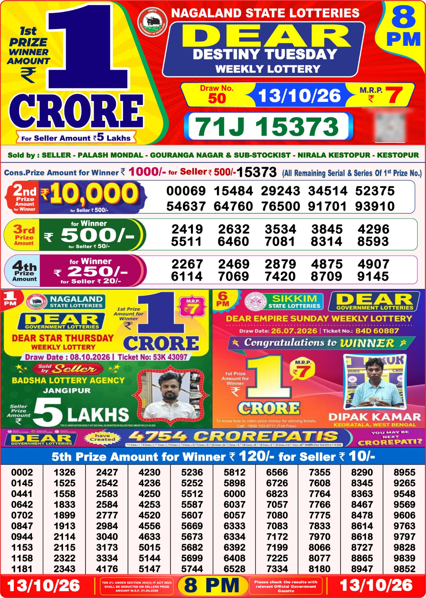 Lottery Sambad 8PM Result 13 10 26 Dear Destiny Tuesday Weekly Lottery Result official chart Lottery Sambad 8PM Result 13 10 26 Dear Destiny Tuesday Weekly Lottery Result official chart